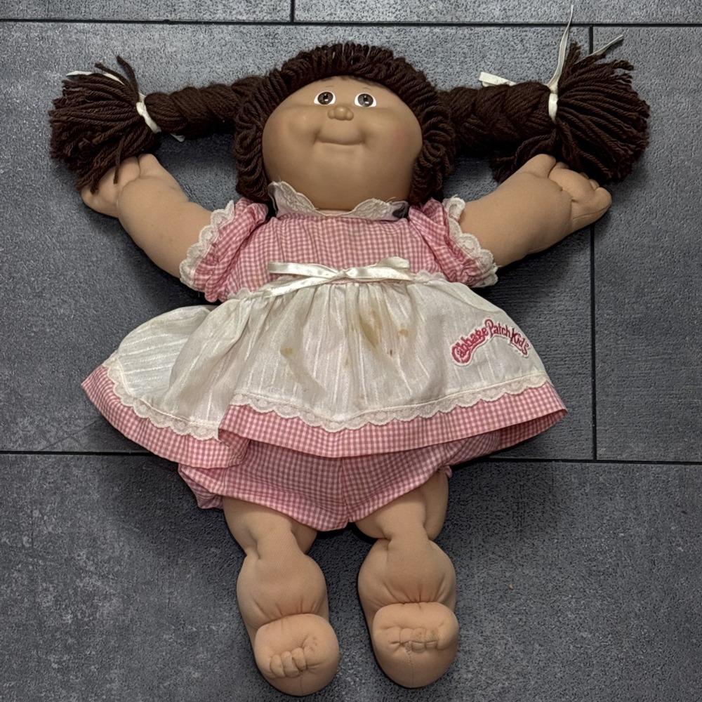 Cabbage Patch Kids Doll HM #4 Brown Hair & Eyes Pigtails Pink Gingham Dress Vtg